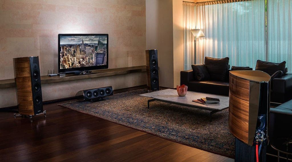 Listening room with floor-standing speakers